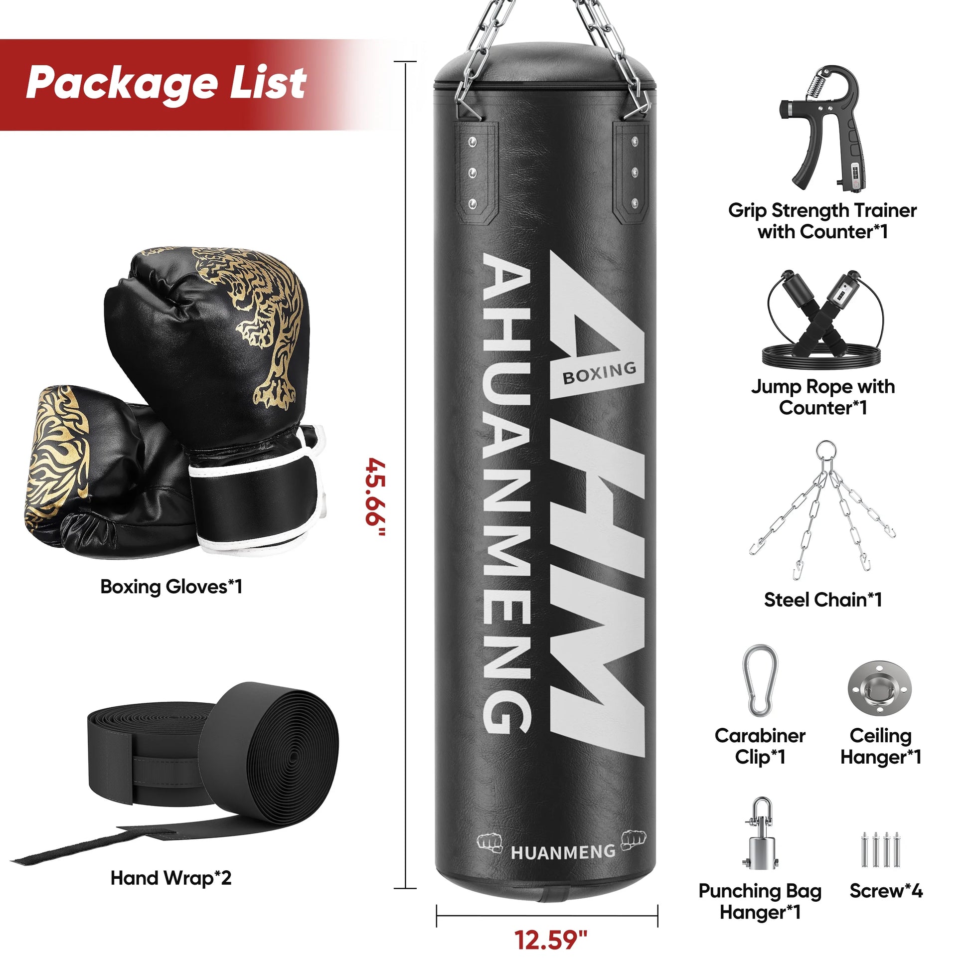 Heavy Punching Bag Kit Hanging Boxing Bag W/ Gloves Chain Ceiling Hook Grip Strengthener